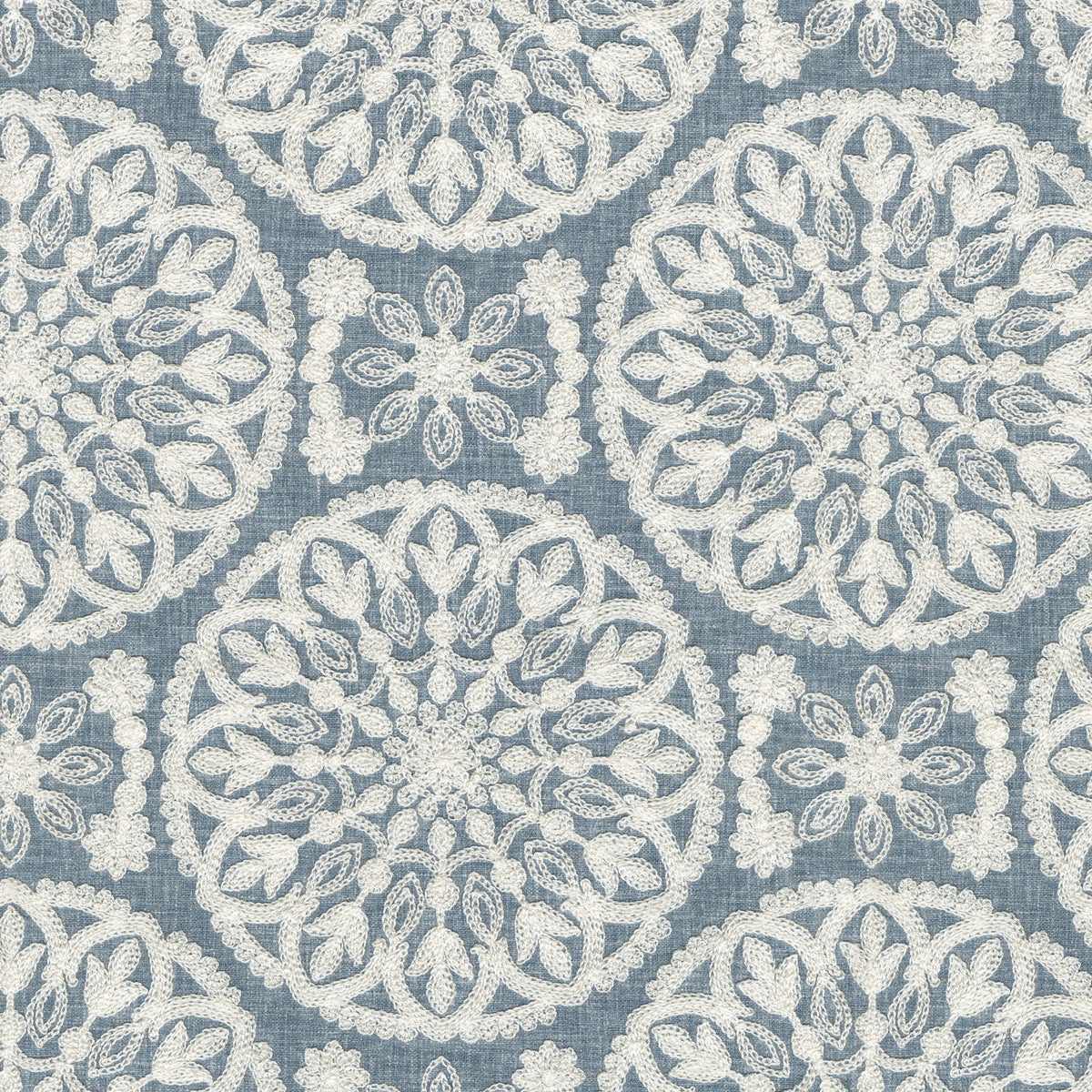 P/K Lifestyles Lace Medallion Embroidery - Cornflower 472230 Upholstery Fabric