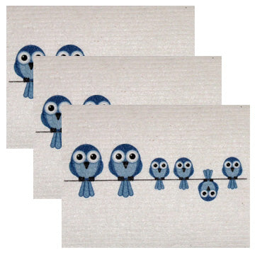Swedish Dishcloth Set of 3 - Blue Birds on Wire