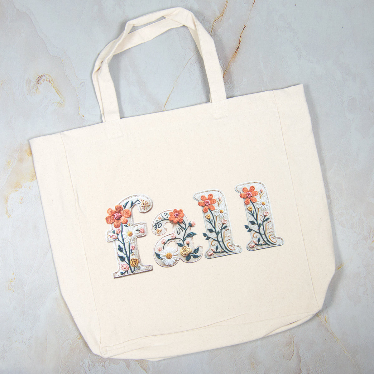 Tote Bag - Faux Embroidered Floral Fall