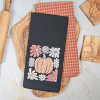 Tea Towel Set of 2 - Faux Embroidered Pumpkin and Flowers