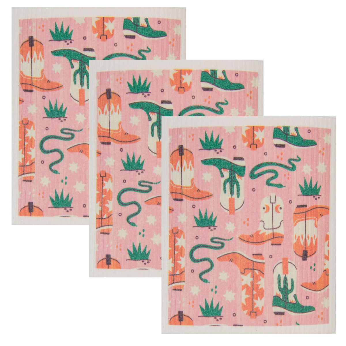 Swedish Dish Cloth Set of 3 - Western Boots on Coral