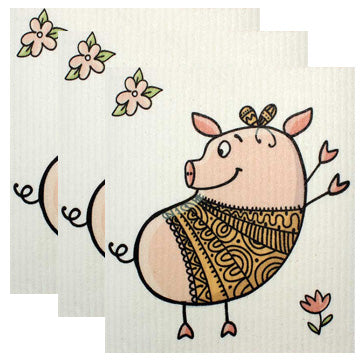 Swedish Dishcloth Set of 3 - Dancing Pig