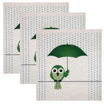 Swedish Dishcloth Set of 3 - Green Bird in Rain