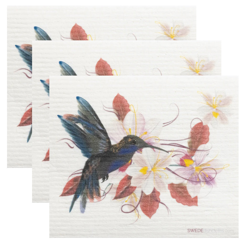 Swedish Dishcloth Set of 3 - Hummingbird With Red Flower