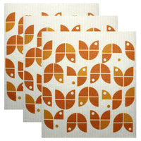 Swedish Dishcloth Set of 3 - Orange Geometric Flowers