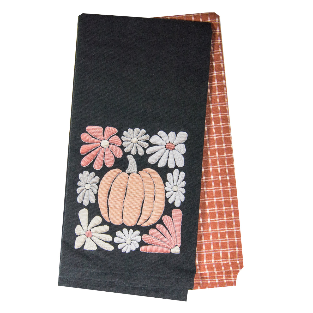 Tea Towel Set of 2 - Faux Embroidered Pumpkin and Flowers