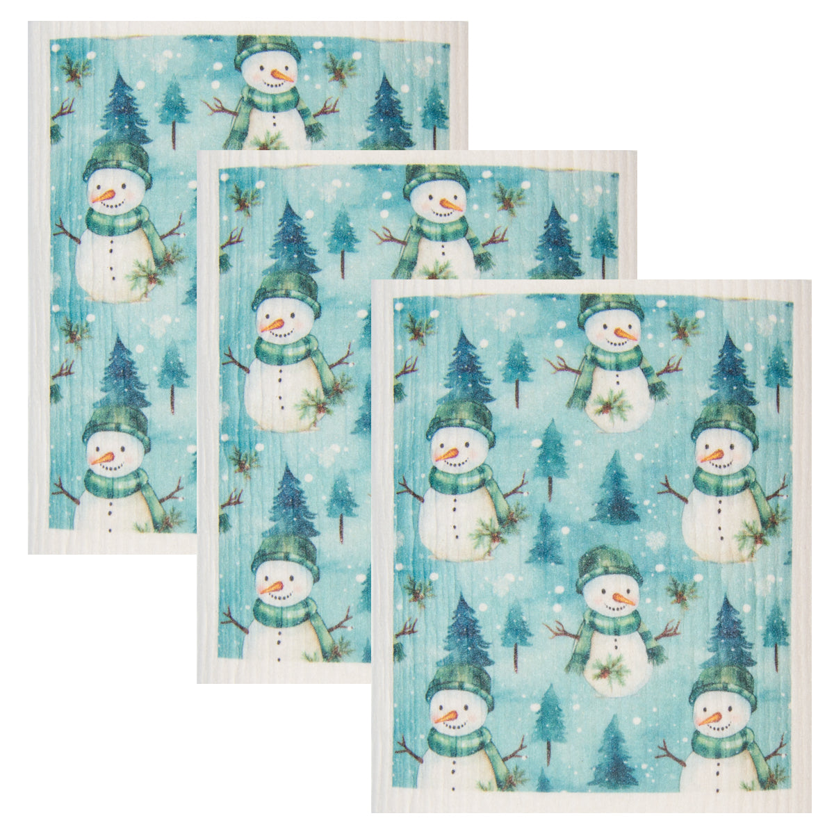 Swedish Dish Cloth Set of 3 - Winter Snowman on Blue