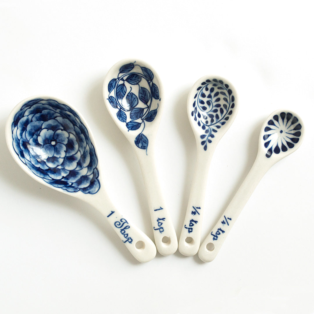 4 Piece Blue Vines and Petals Ceramic Spoons Measuring Set