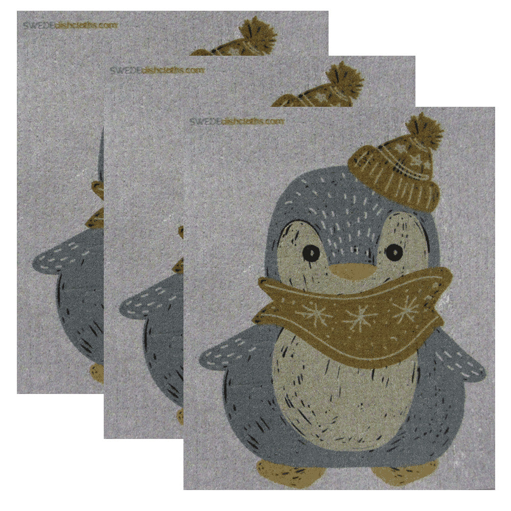 Swedish Dishcloth Set of 3 - Winter Penguin on Gray